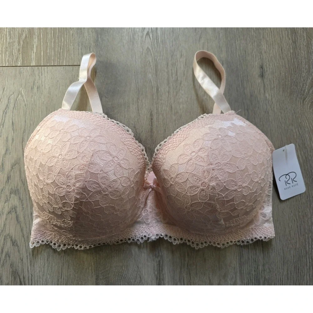 Rene Rofe NWT Single Demi Lightly Lined Baby Pink Floral Lace Bra Size 38DD - Picture 2 of 6